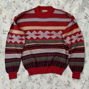 Vintage 80s Mock Neck Fair Isle Sweater Palermo Boxy Striped Red Holiday